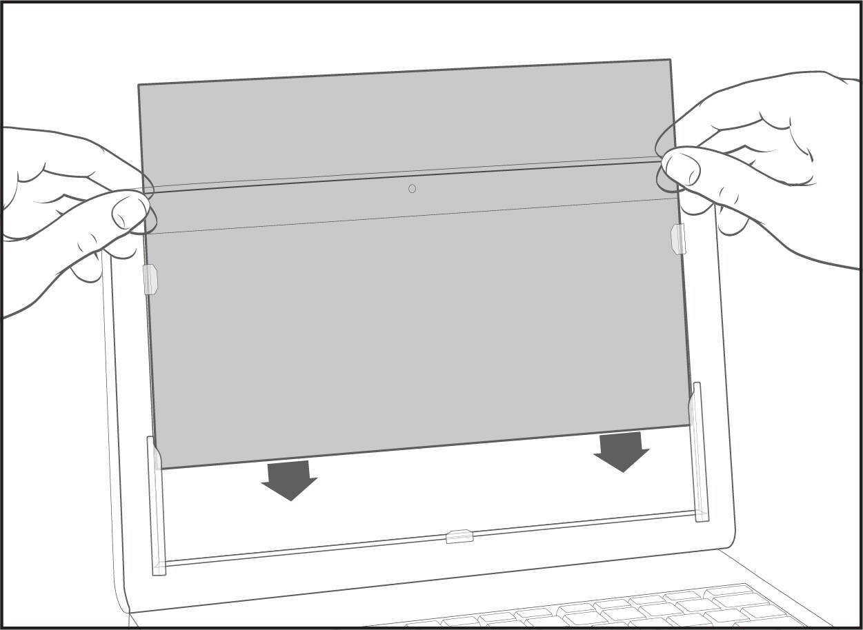Illustration showing how to attach privacy filter to screen by using slide mount tabs