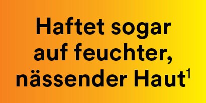 Text „Haftet sogar auf feuchter, nässender Haut“ auf Hintergrund mit violettem Farbverlauf.
