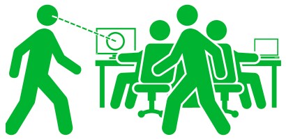 Abbildung einer Person, die in einem Büro auf Bildschirme schaut
