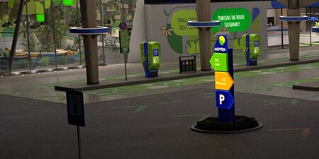 Ladestation für Elektrofahrzeuge mit überlagerter beleuchteter Beschilderung.
