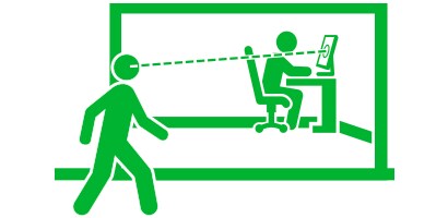 Abbildung einer Person, die durch eine Glaswand in ein Büro schaut
